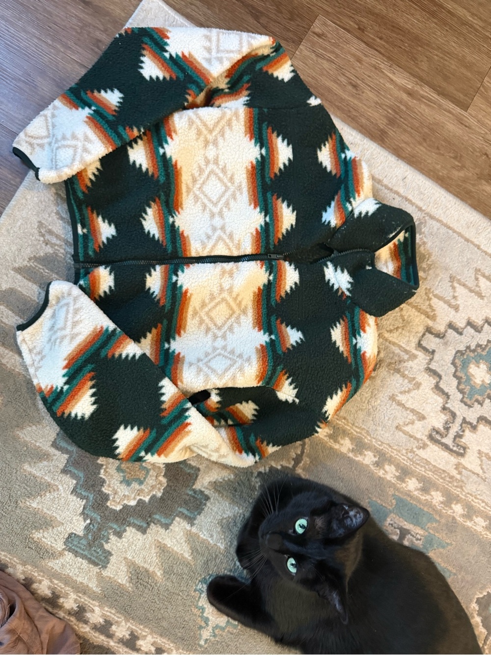 Love Tree Aztec Zip-Up Crop Fleece Jacket in Green, Cream & Orange Accents